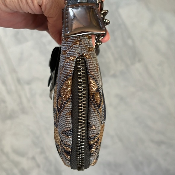 Sharif  Tapestry Satchel  navy/gold expanding bottom   velvety    gunmetal  NWOT - Picture 9 of 17